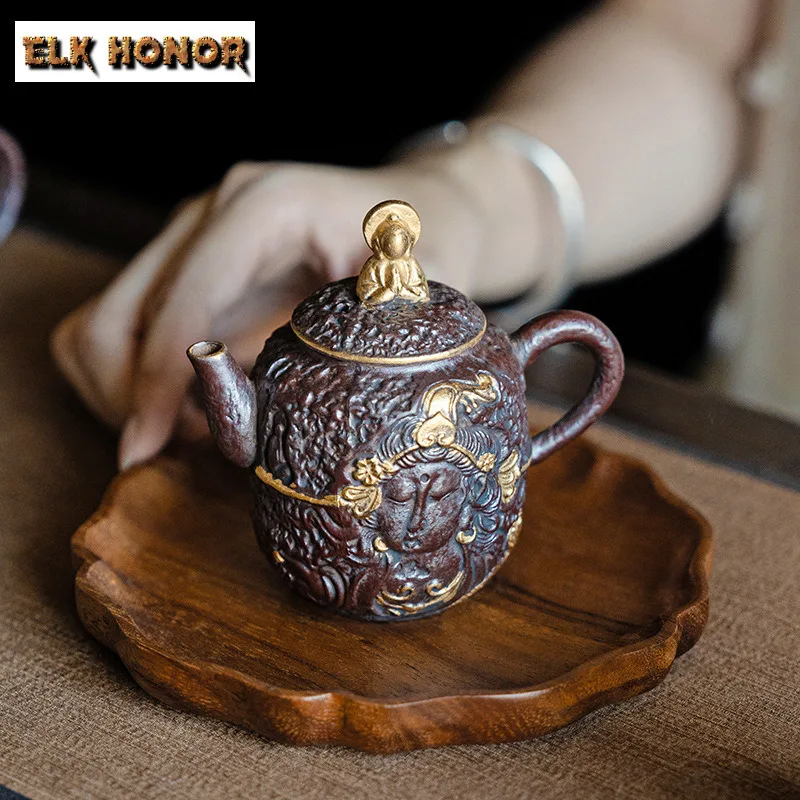 130ml Dunhuang Coarse Pottery Teapot Zen Gilded Relief Teapot Tea Brewing Kettle With Filter Elegant Tea Making Teaware Craft