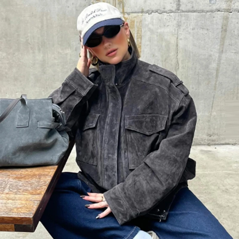HXAO 2026 Women's Suede Jacket Autumn Spring Darkgrey Khaki Bomber Jacket Picket Zip Up Long Sleeve Coat Fashion Aviator Jackets