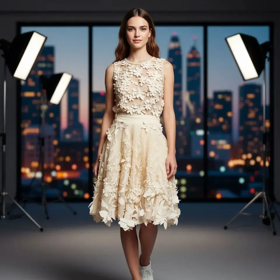 

Элегантная юбка-миди цвета слоновой кости с 3D цветочной ботанической вышивкой Шифоновая трендовая юбка с высокой талией Универсальная высокая талия