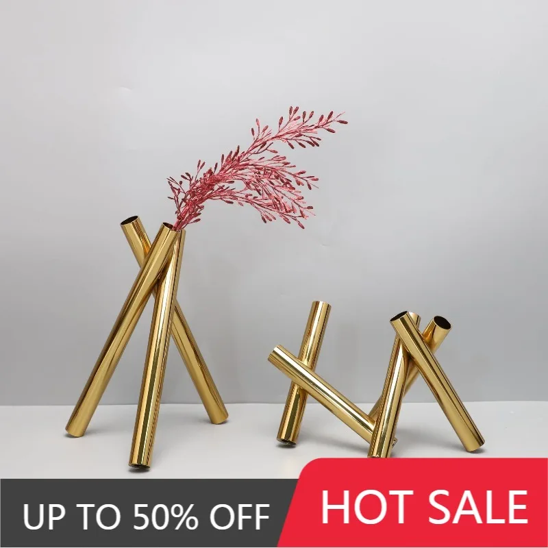 Modern Minimalist Stainless Steel Geometric Flower Vase Tube Flower Ornaments Tripod Dried Flower Arrangement Vessel Home Decors