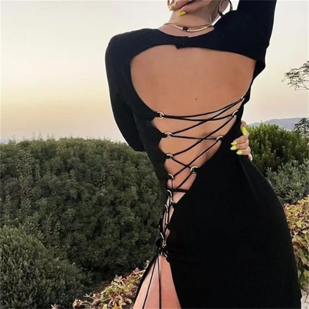 

new sexy dew backside slit straps long-sleeved long dress women