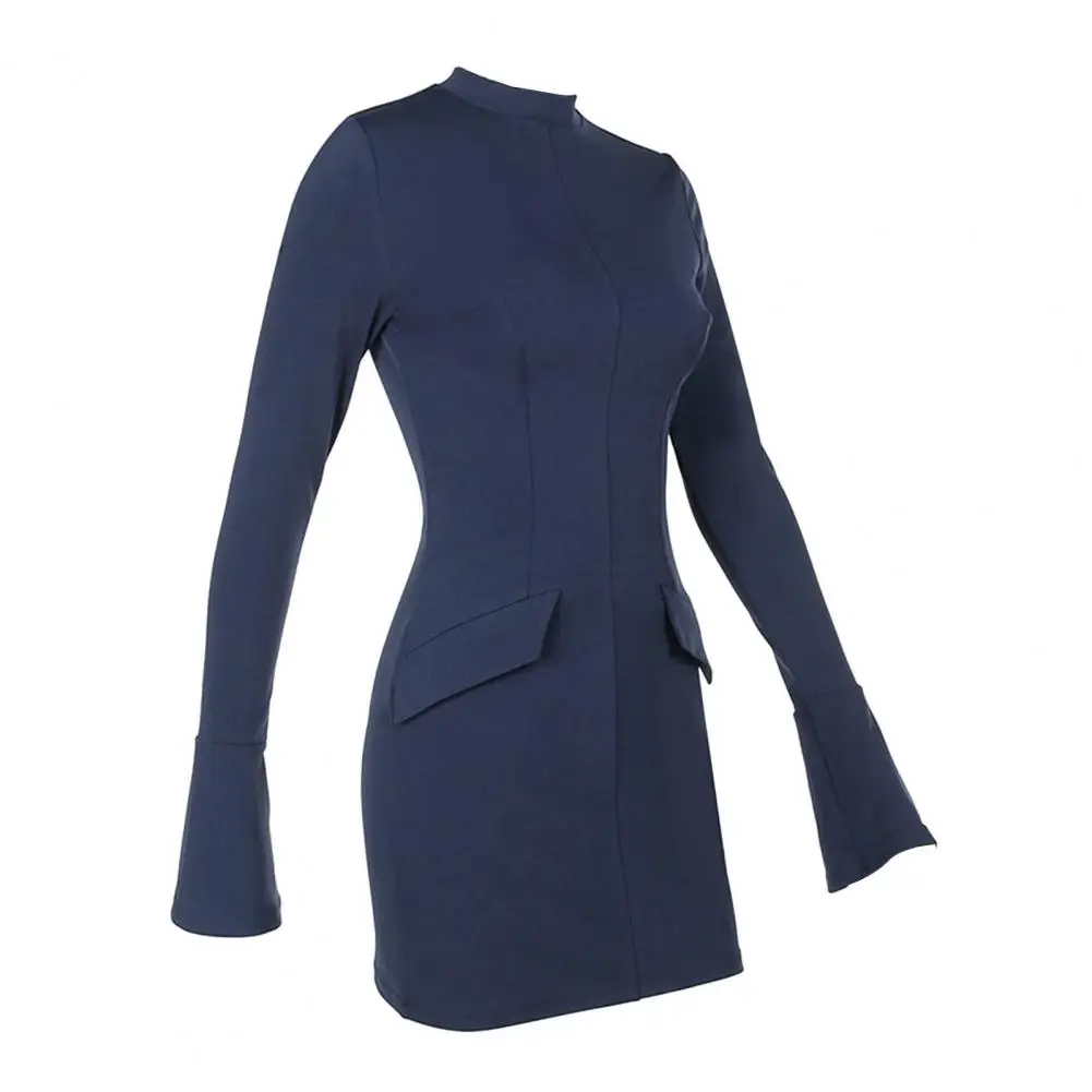 Slim Fit Mini Dress Elegant Solid Color Mini Dress with Flap Pockets Elastic Waist Slim Fit Long Sleeve Bodycon Short for Women