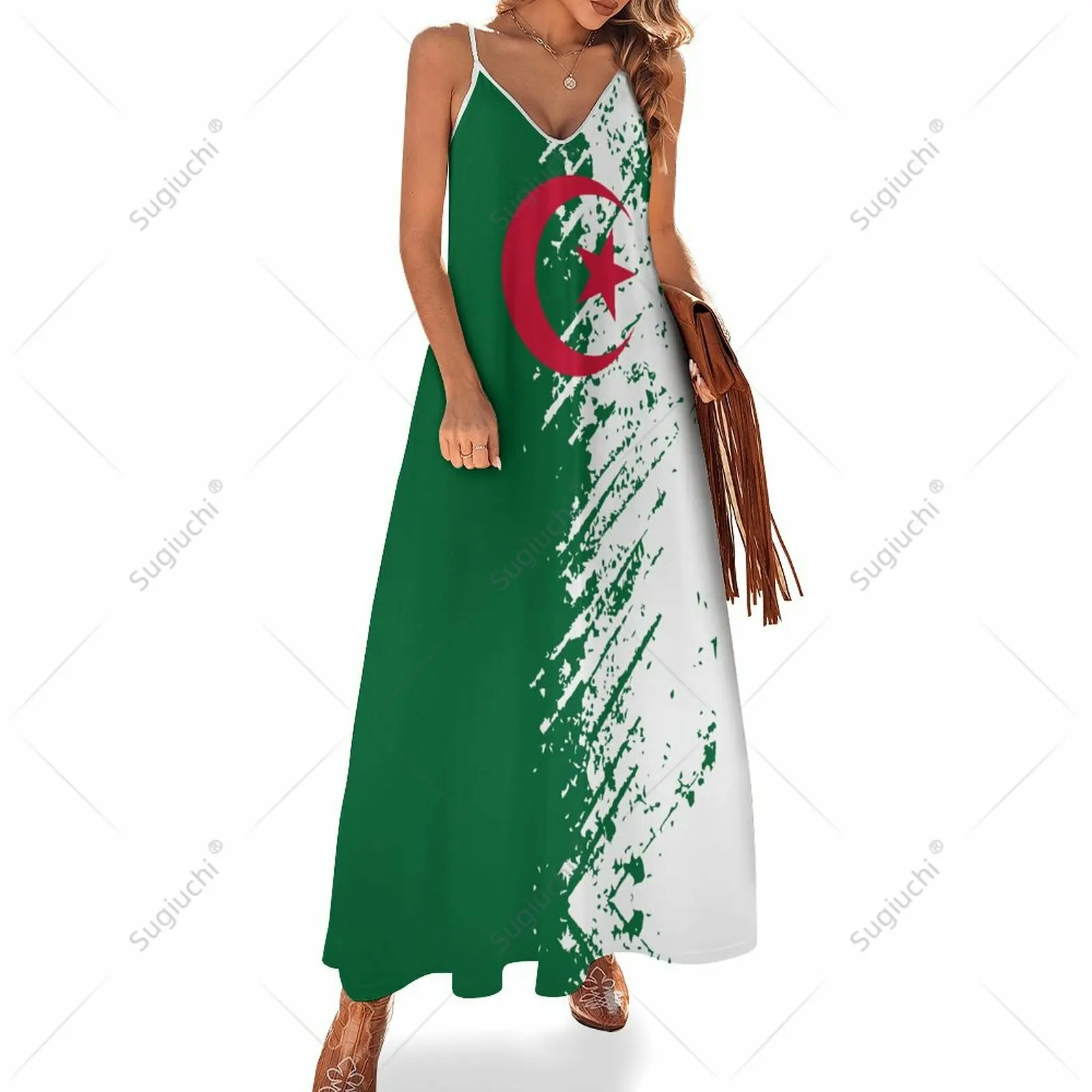 

Long Dresses Dress Algeria Flag Grain Print New Casual Sleeveless Women's V-Neck Printed Dress Swing Retro Dresses