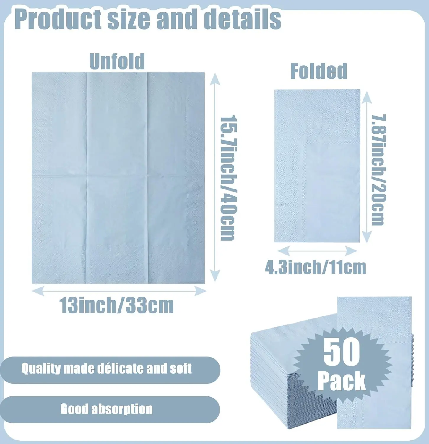 50-300PCS 2-ply Paper Napkins Dusty Blue Dinner Napkins Soft Hand Towel For Wedding Birthday Party Baby Shower 13x15.75 Inch