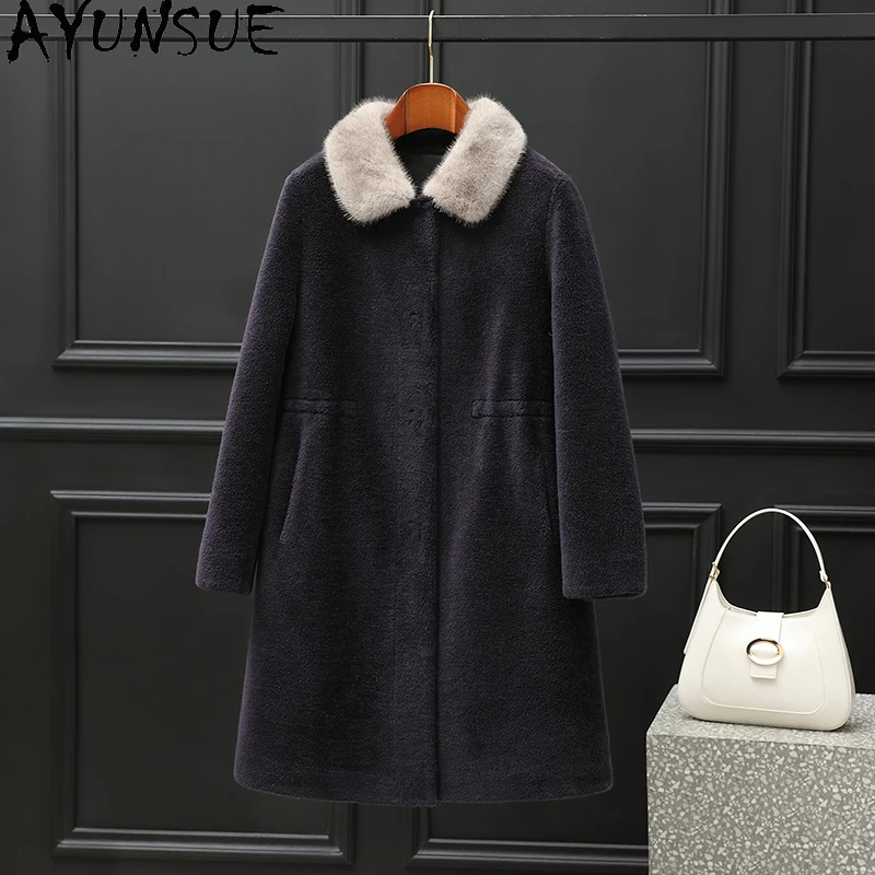 AYUNSUE 100% manteau de laine femmes col de fourrure de vison véritable mouton peau de mouton veste vêtements d'hiver femme fourrure Composite П199ьто Ж брае