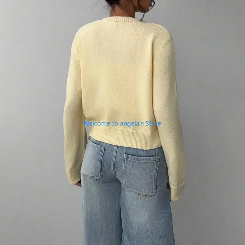 

X4YC Women's button-down long-sleeved round neck cropped cardigan sweater knitted clothing