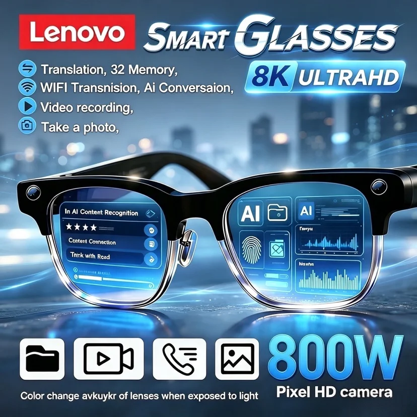 Lenovo 800W Pixel Camera Smart Glasses Men Video Recording AI Photo Recognition Bluetooth Call Voice Translation Sunglasses Man