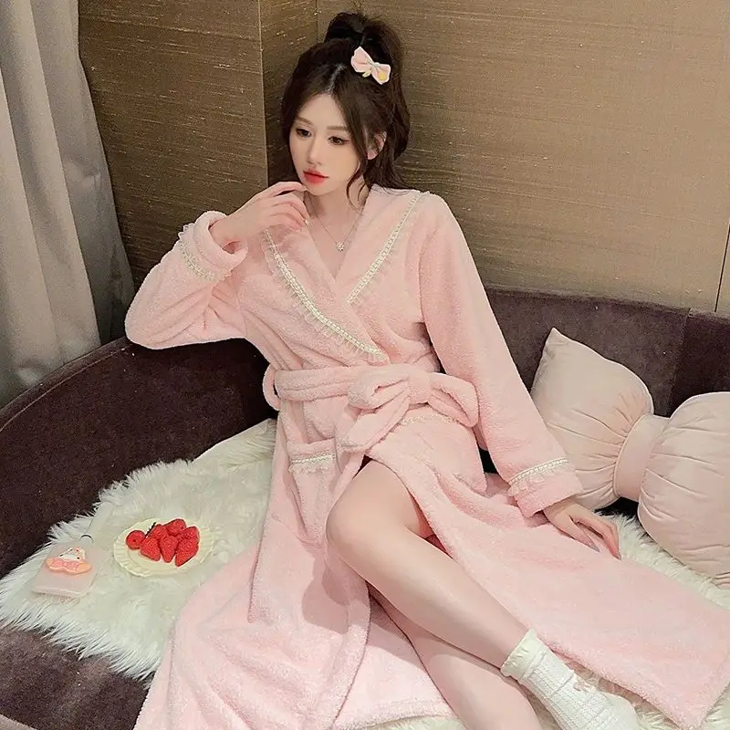 

Зимнее толстое теплое фланелевое кимоно с длинными рукавами для женщин, милый кружевной коралловый бархатный халат, одежда для сна, ночная рубашка, ночное платье