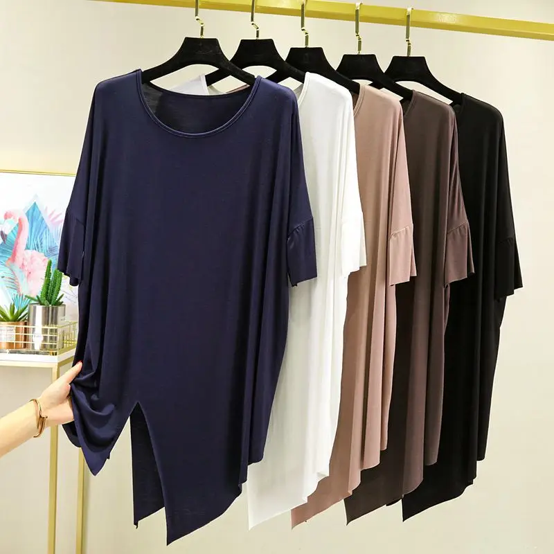 Modal Irregular Tshirts half sleeves Summer women's Loose T-shirt solid color Base bottoming Tee tops all match