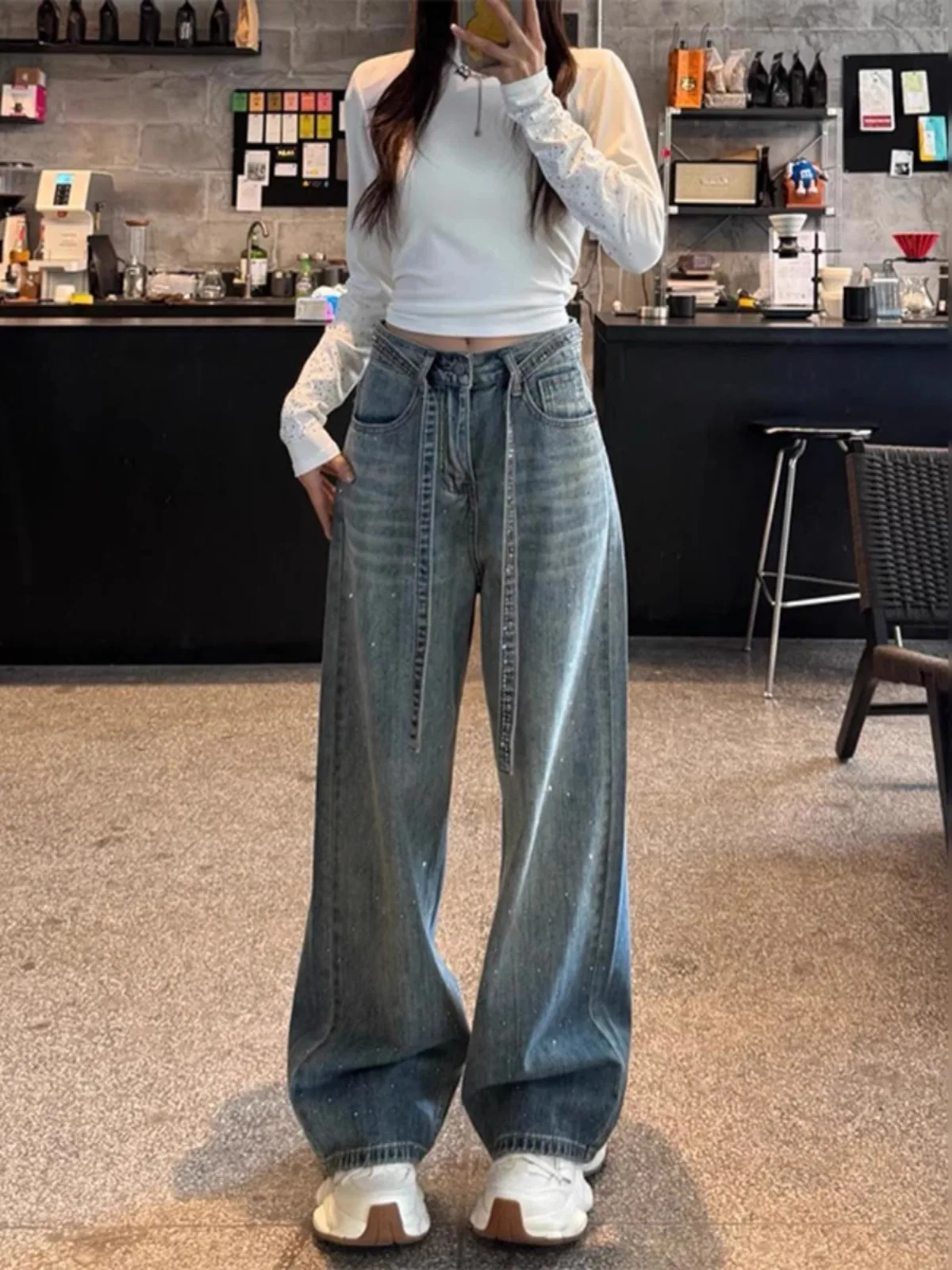 

Широкие джинсы с высокой талией и стразами, прямые брюки-трубы, модные универсальные длинные брюки для женщин