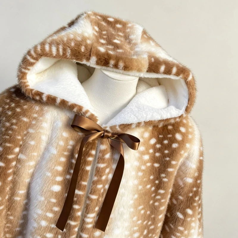 Mori Girl Winter Faux Fur Deer Print Cape Cloak Hooded Warm Fluffy Coat Cute Bowknot Costume Cosplay Halloween Christmas Gift