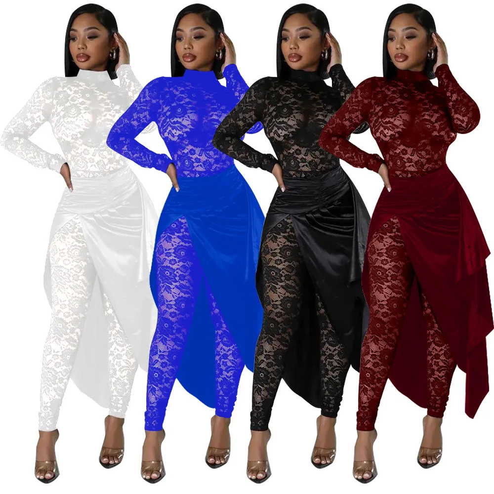 

2025 Hot Sale Sexy Women Lace Jumpsuit with Skirt Fashion Round Neck Long Sleeves Skinny Rompers Party Clothing