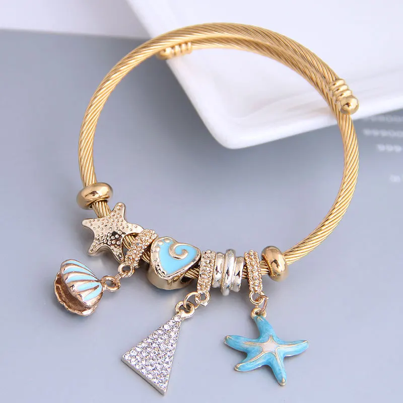 Fashion New Exquisite Triangle Starfish Pentagram Shell Stainless Steel Adjustable Charms Bangles Jewelry Gifts for Women