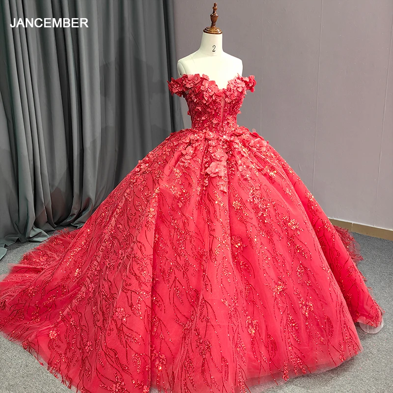 

Платье принцессы Jancember на заказ, платья Quinceanera, 2024, бальное платье с жемчугом, со шлейфом и короткими рукавами, аппликации, бисер, DY9912