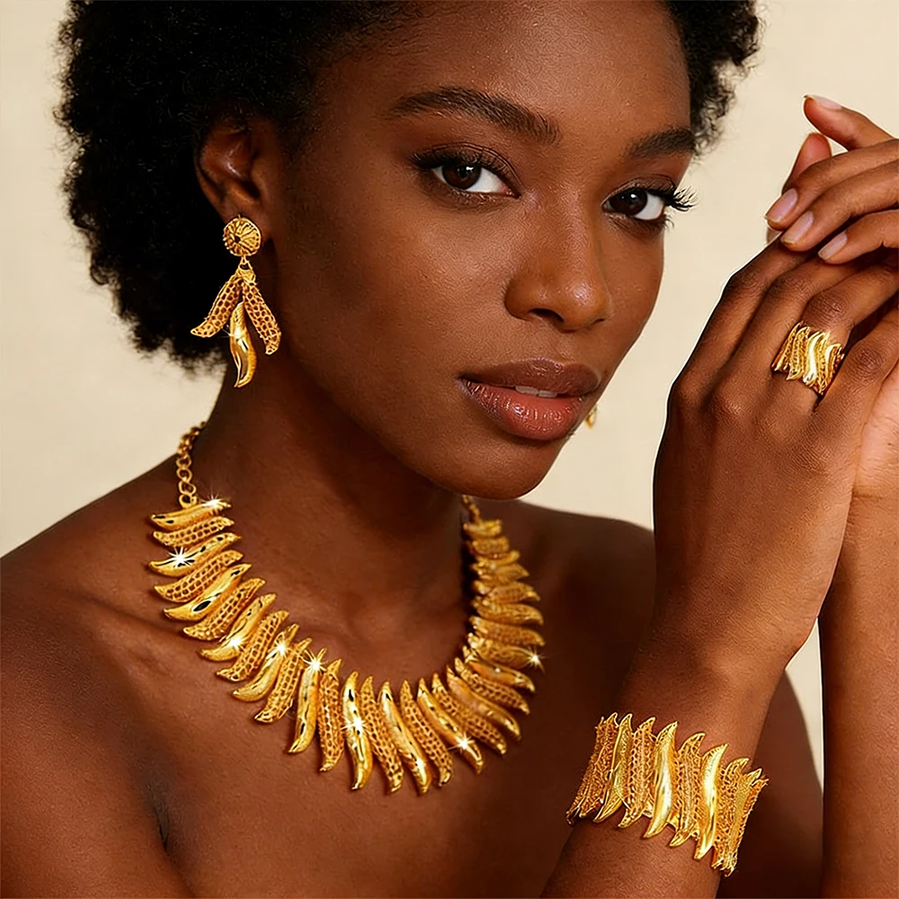 

Dubai Necklace Drop Earring African Bangles with Ring Jewelry Set Gold Color Necklace Earring Finger Ring Bracelet Wedding Party