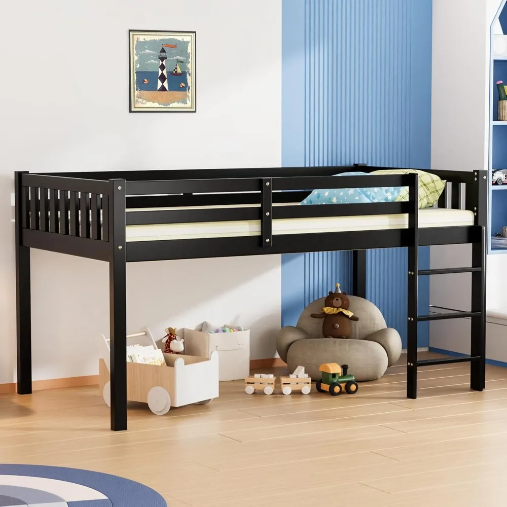 

JOYMOR Twin Loft Bed Low Loft Bed Frame for Little Kids Small Room/Low Ceiling Bedrrom with Guardrail and Ladder (Black)