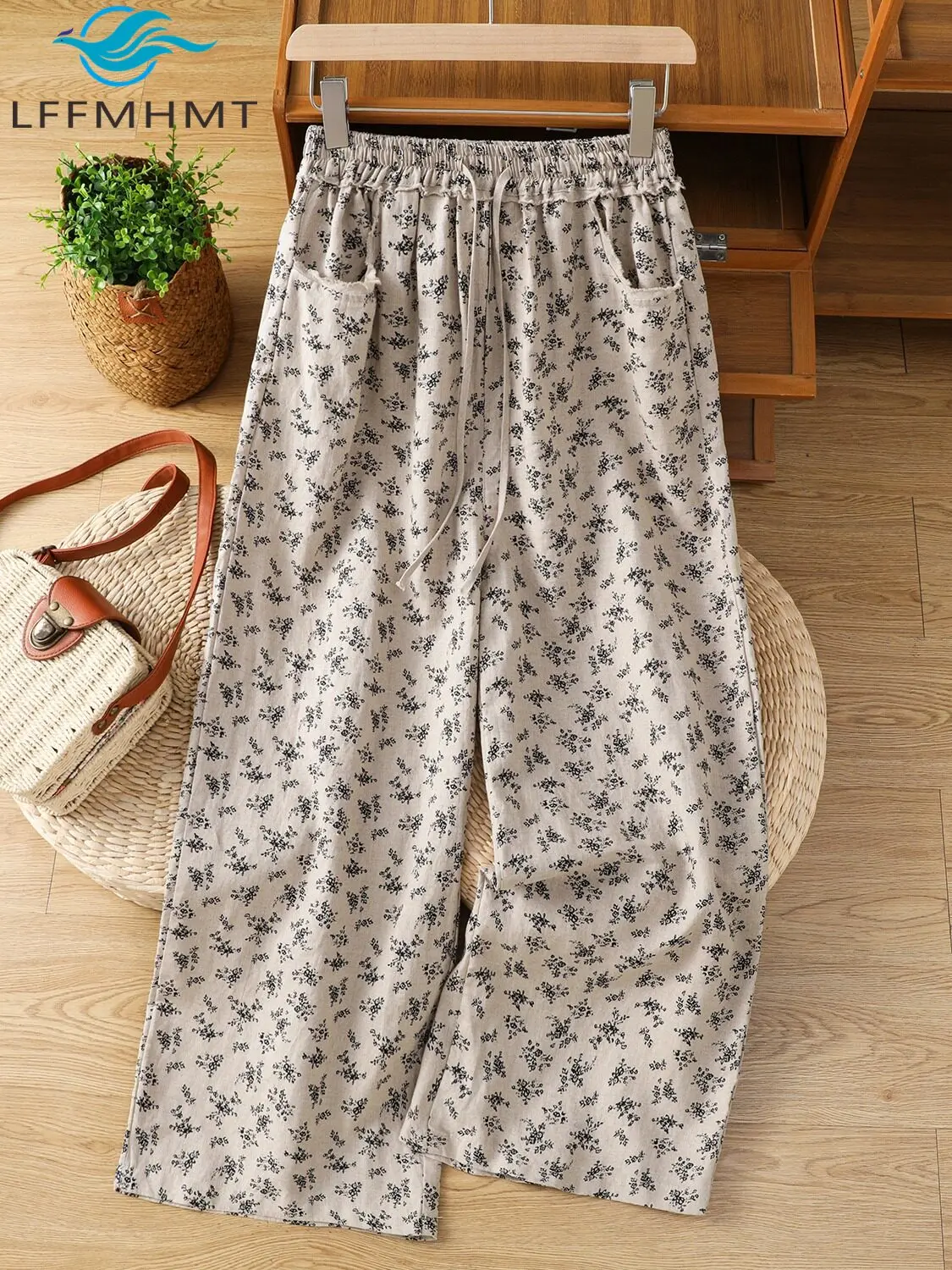

Women's Summer Fashion Ankle Length Wide Leg Pants Female Elastic Waist Slim Fit Thin Breathable Cool Cozy Linen Trouser