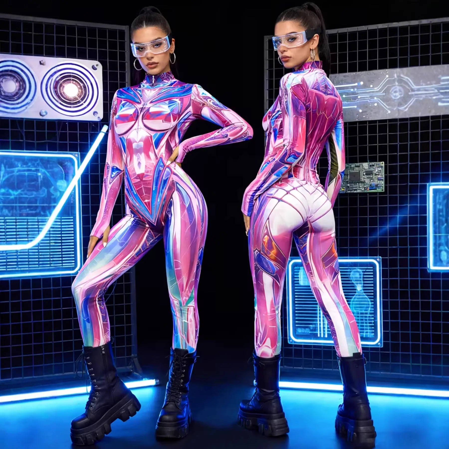 

Pink Purple Creative Full Body Printing Jumpsuit for Adults Women Dress Up Halloween Role-playing Costume Suit