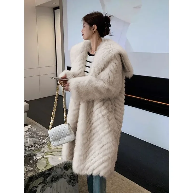 Navy Collar Faux Fox Fur Coat Fluffy Coat Coat Female Wintertime Thickening Type Loose Look Slimmer Keep Warm Against Wind