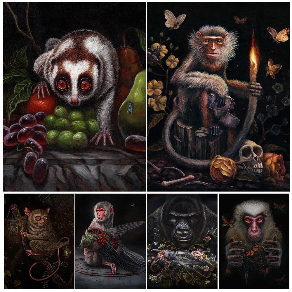 Monkey et oiseau de la mort dans un cercle magique, toile d'art mural imprimée, Animal compassion, affiche d'art de sorcellerie, décoration de la maison