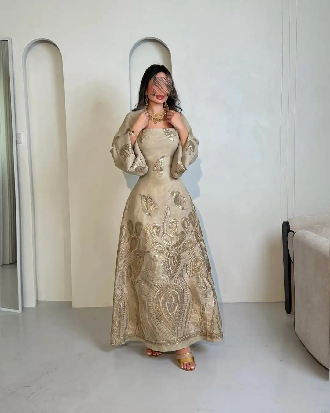 Beige Embroidered A-Line Abaya Dress with Puffy Sleeves Square Sequin Ankle Length Flower Traditional Party Wear for Women