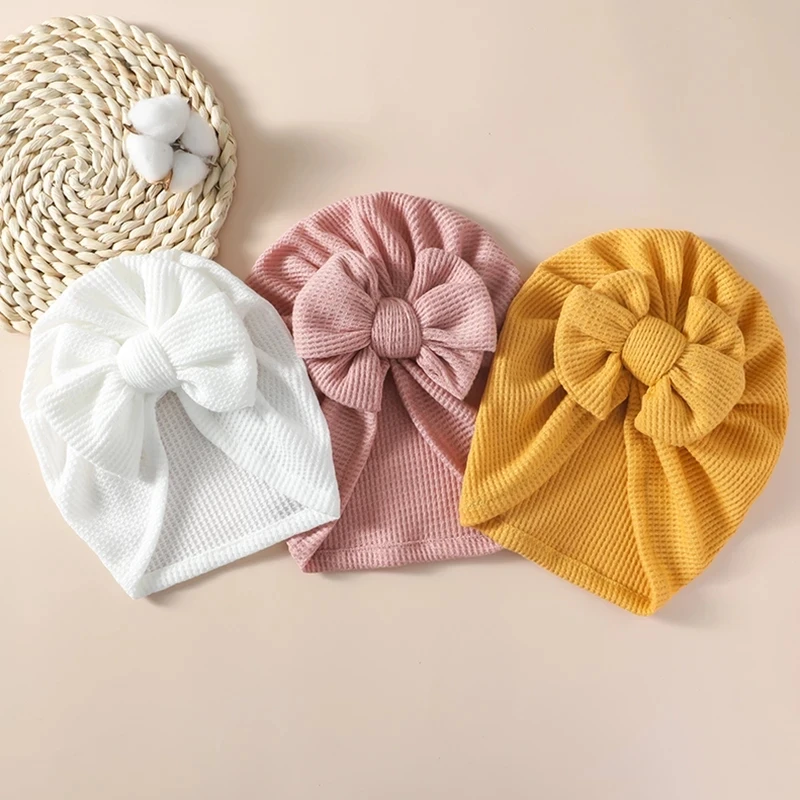 

Baby girls Waffle Knit Hats little Baby warm cap Double Bow Caps Boy Turban girls Beanies Newborns Kerchief Accessories Props