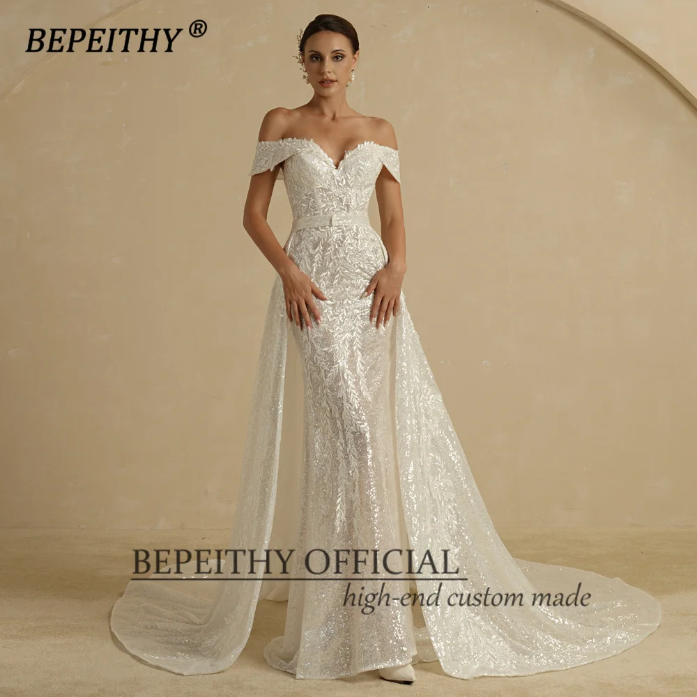 BEPEITHY-vestidos de Novia de sirena con lentejuelas personalizados, 2 en 1, tren desmontable, Vestido de Novia de encaje, Vestido de Novia para playa 2022