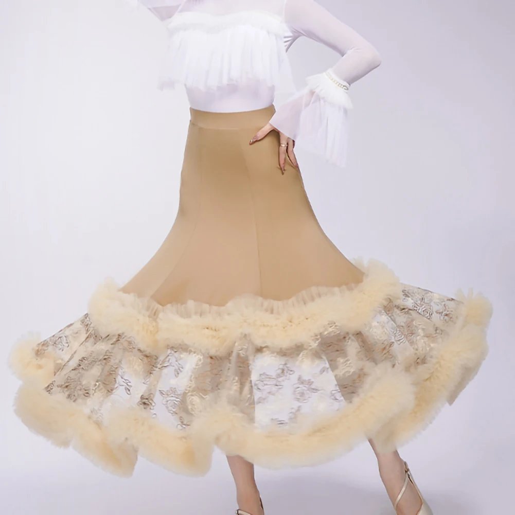 Waltz Long Dress Embroidered Flamenco Skirt New Mocha Standard Competition Elegant Cake Dress Rose Powder Ballroom Dance