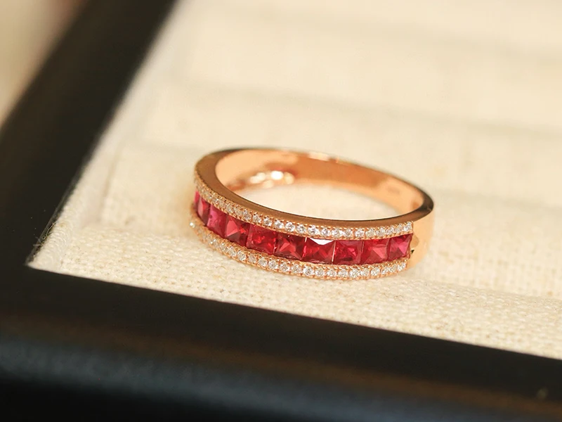 LUOWEND 100% 18K Rose Gold แหวนเพชรเงาแหวนทับทิมธรรมชาติหรูหราคลาสสิกออกแบบเครื่องประดับอัญมณีสําหรับผู้หญิง