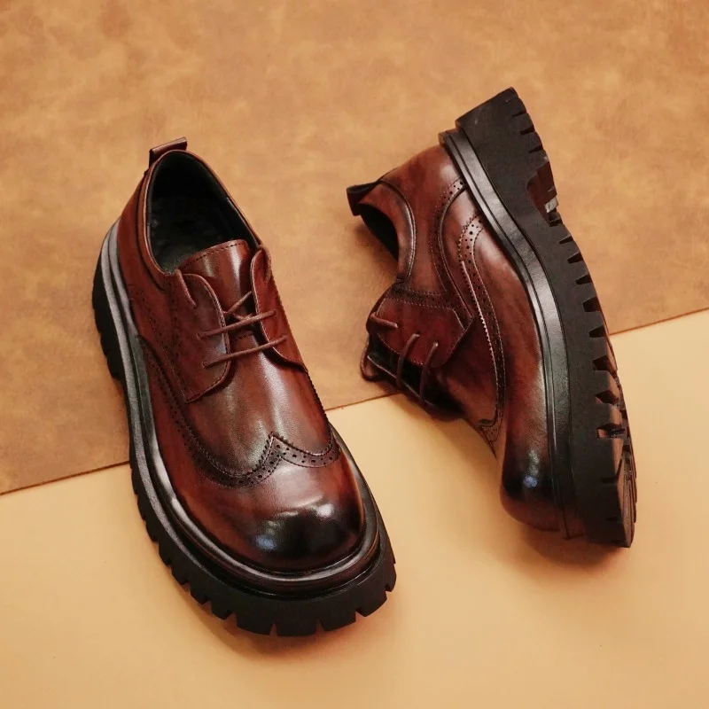 

Мужские блочные туфли в британском стиле, прочные туфли на толстой подошве для офисных интервью, официальная обувь, коричневые мужские туфли в стиле ретро из блестящей кожи