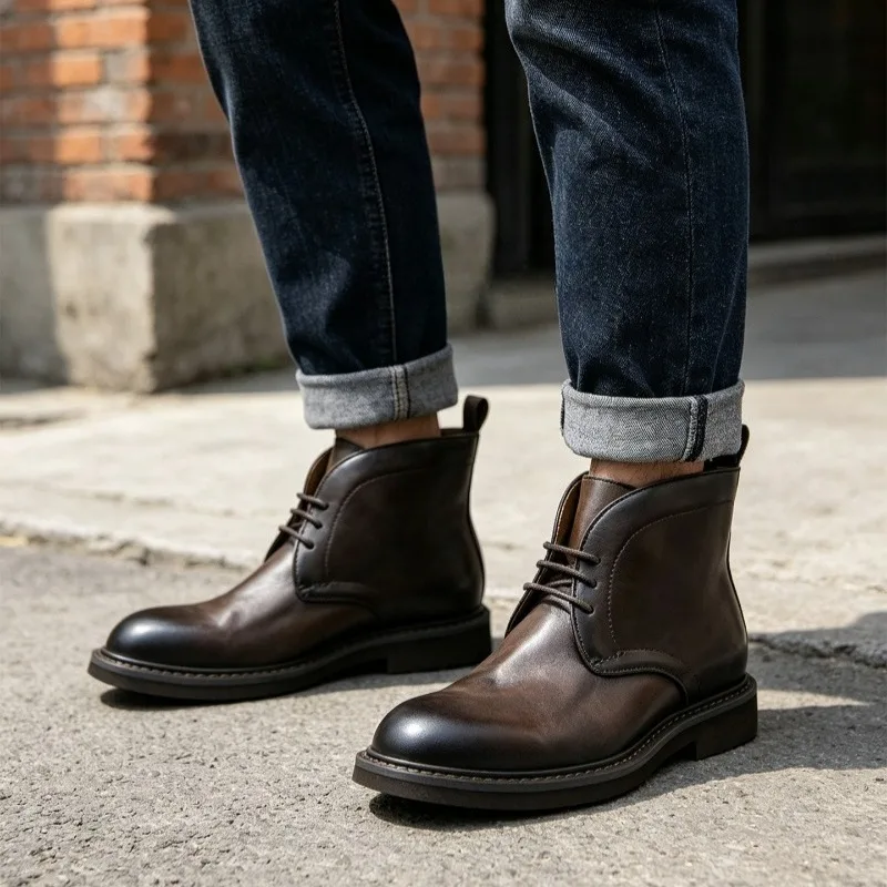 Men's Ankle Boots Genuine Leather High Top British Lace Up Round Toe Business Casual Handcrafted Dress Work Chelsea Boots Male