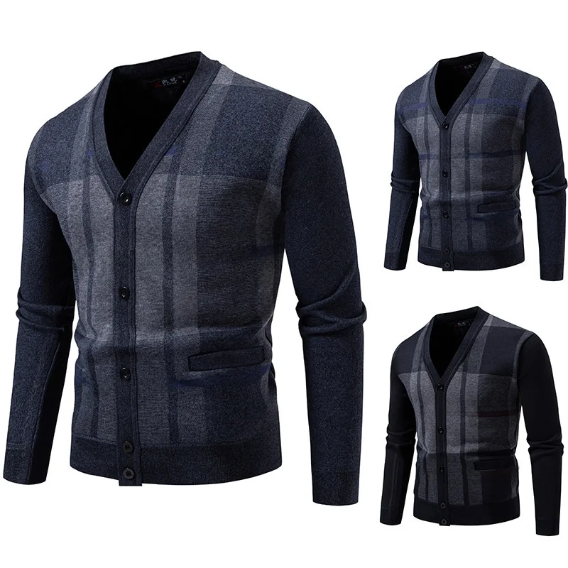 

Men's Knitted Fce Lined Cardigan Sweater Casual V-Ne Long Sve Warm Polyester Fiber Faion for Younger Men
