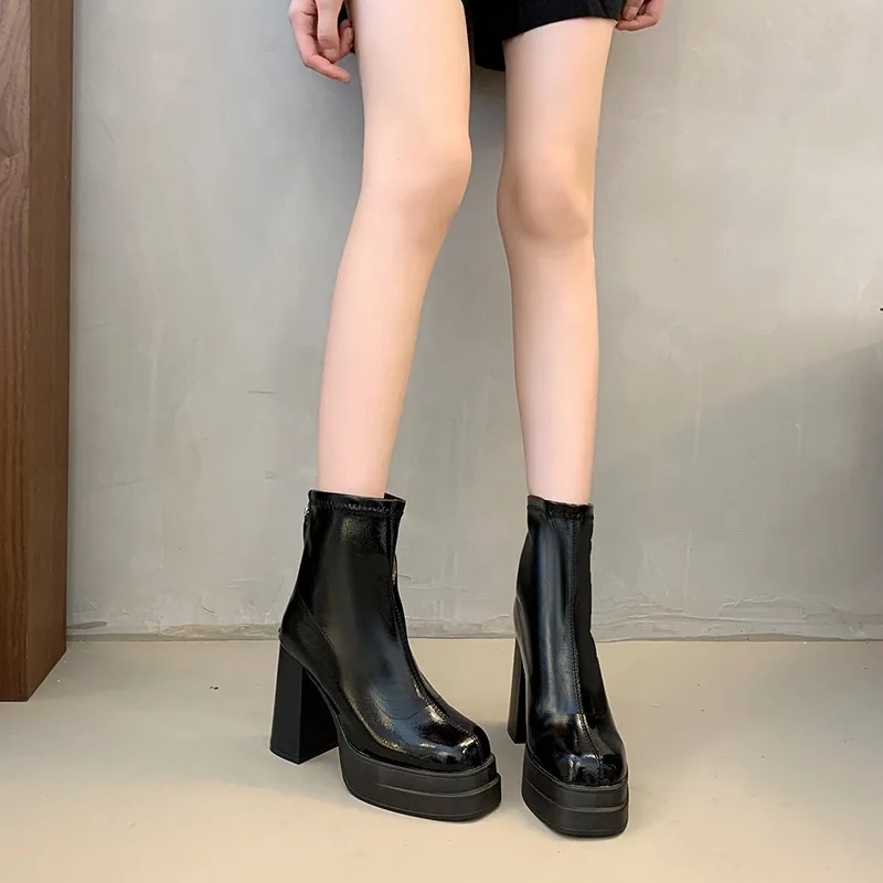 Trendy Thick Heel Short Boots Waterproof Painted Leather High Heels Women's Autumn Winter New Small Size Slim Booties