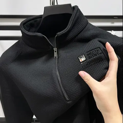 두꺼운 긴팔 후드 집업 스탠드 칼라 남성 캐주얼 따뜻한 베이스 셔츠 가을 겨울 플리스 안감 하프 집업 티셔츠