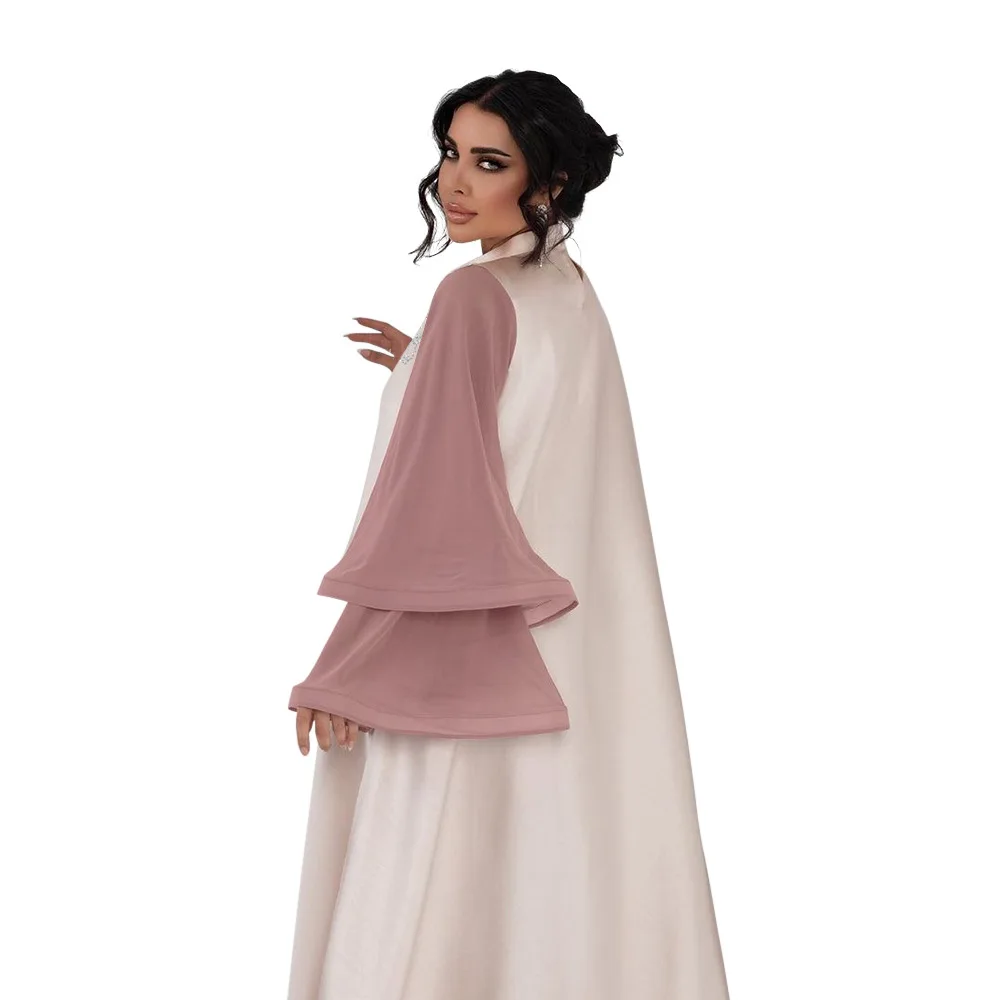 Neue Damenbekleidung aus dem Nahen Osten, farblich passende lange ausgestellte Hornärmel, diamantbesetzte Satin-Robe-Kleid Abaya
