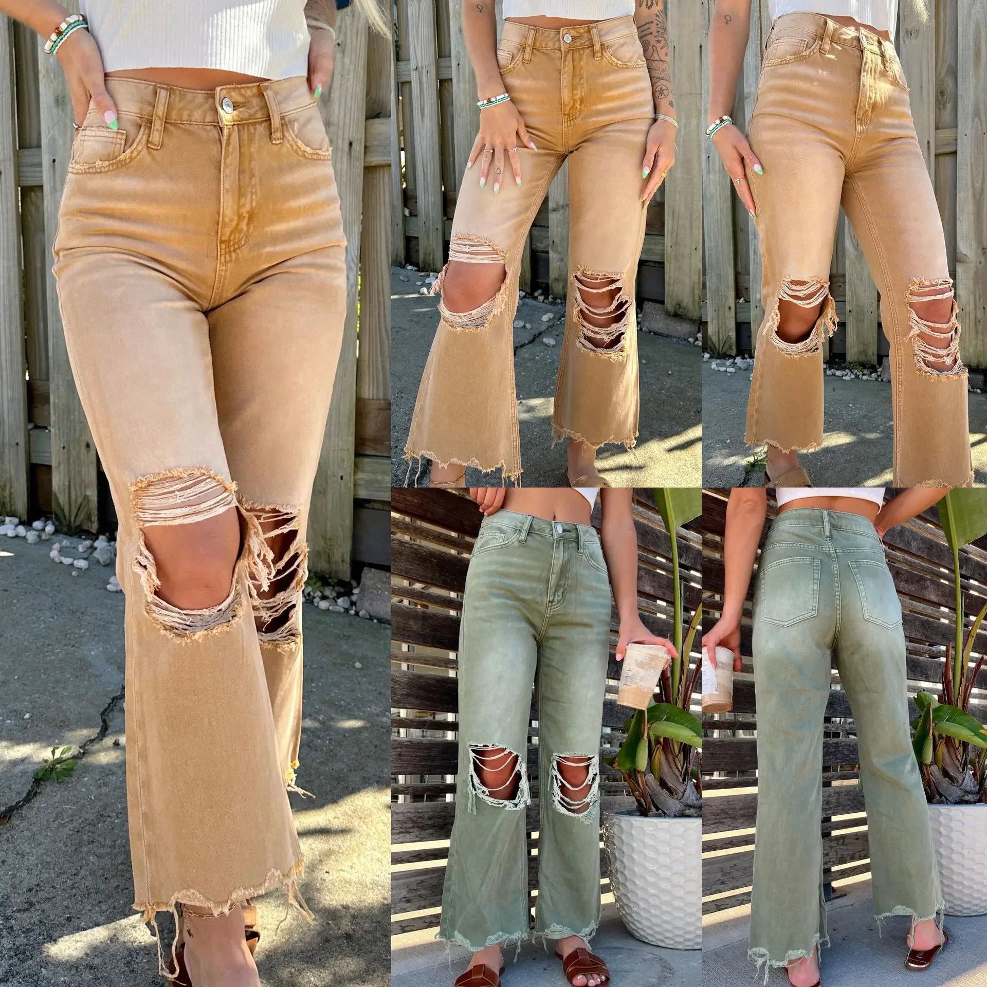 Women Jeans Straight Pants Holes Denim Ankle Length Mid Waist Loose Washing Pockets Solid Color High Street Slight Strech