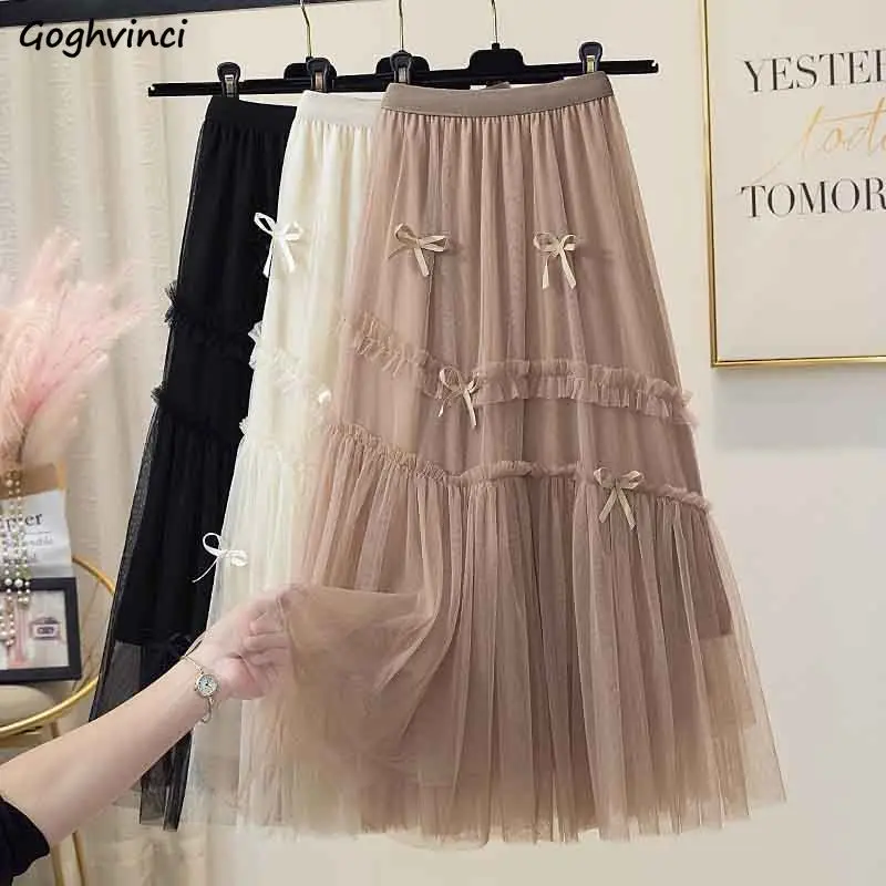 

Bow Mesh Skirts Women Autumn Holiday Delicate Pleated Skirt Aesthetic Girlish Beach Midi Sweet Princess Vintage Chic High Waist