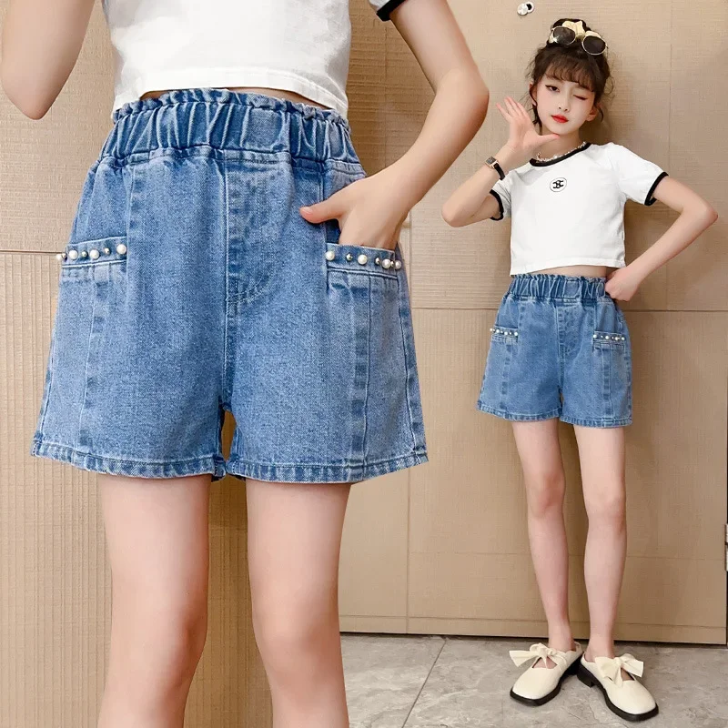 Vintage Baby Girl Front Pocket Denim Shorts For Children Cool Summer Beads Shorts With Pearls For Teens Child Age 5 7 9 11 13 14