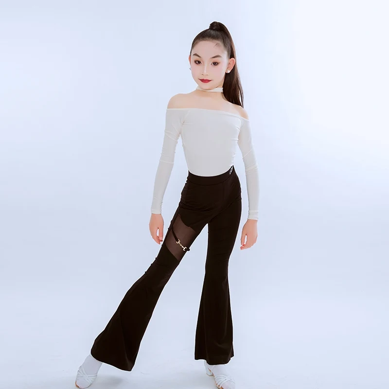 

Black Latin Dance Clothes For Girls Long Sleeve Halter Tops Flare Pants Kids Training Wear ChaCha Salsa Dance Outfit DL11741