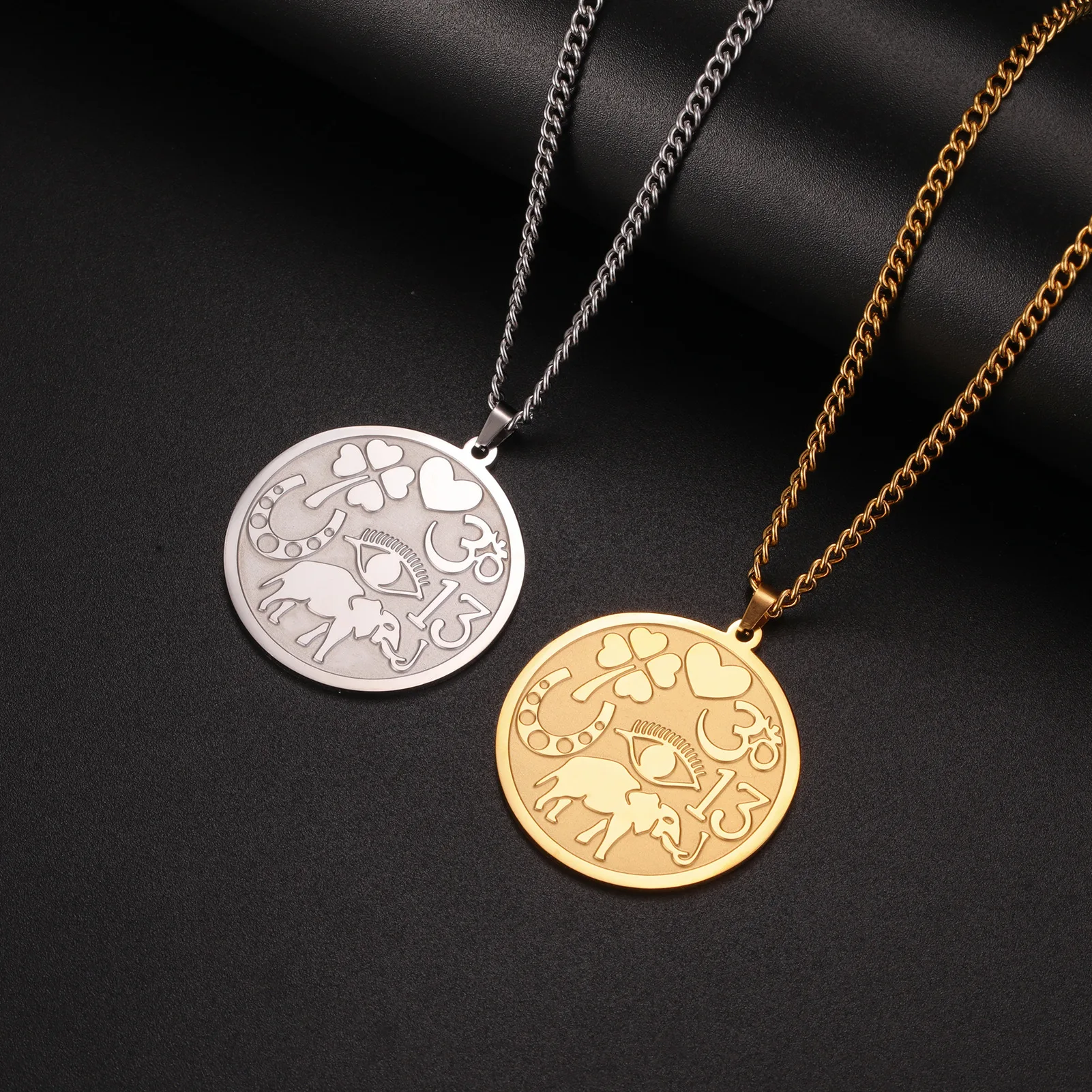 Good Luck Elephant Medallion Necklace Powerful Protection Amulet Ohm Symbol Horseshoe Evil Eye Necklace Stainless Steel