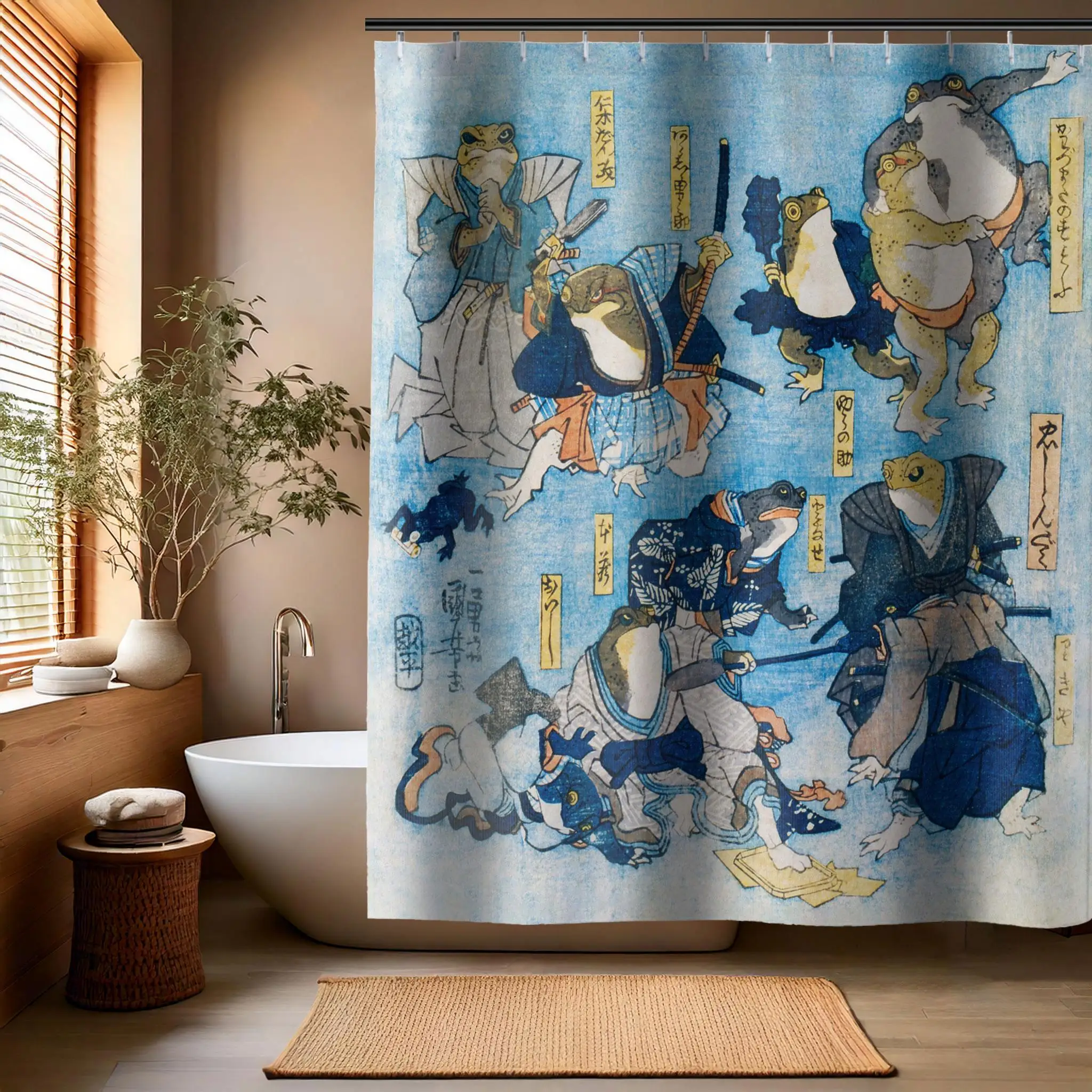 Japanese Edo Period Ukiyo-e Style Cartoon Bath Shower Curtain for Bathroom Decor Novelty Art