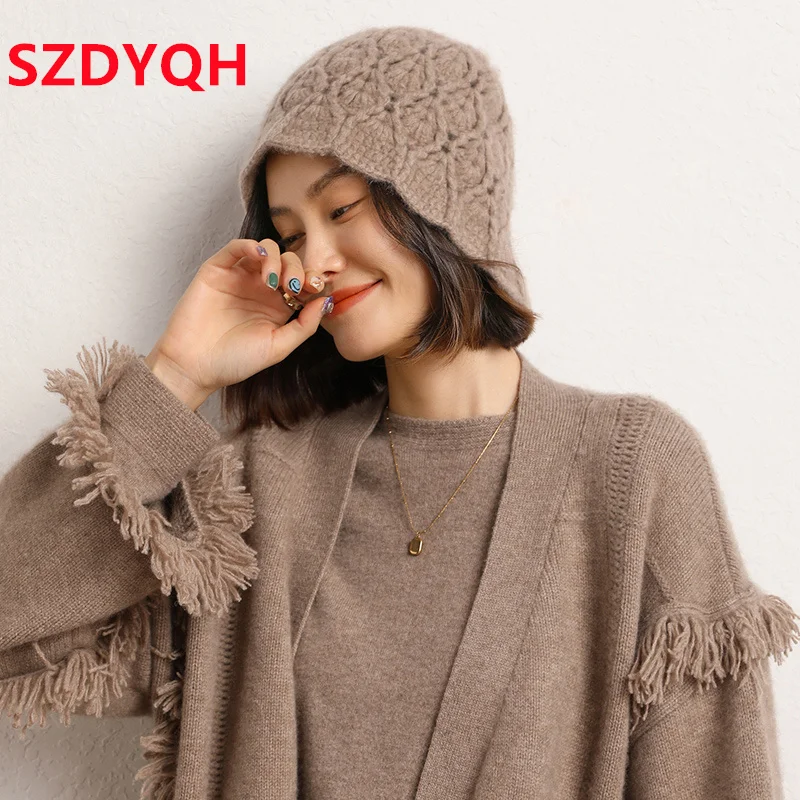 2023 Autumn Winter New Women Hats 100% Pure Cashmere Knitted Headgears Soft Warm Fashion Thick Cap 3 Colors High Quanlity