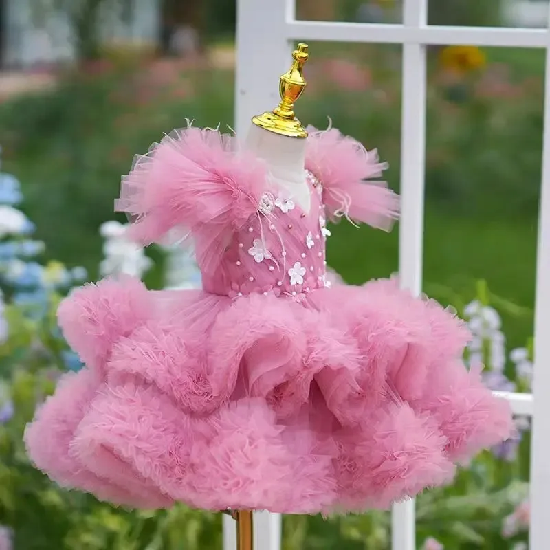 Preciosos vestidos de niña de flores rosas personalizados para boda, tul con volantes florales, fiesta de cumpleaños para niños, vestido de primera comunión con cuentas