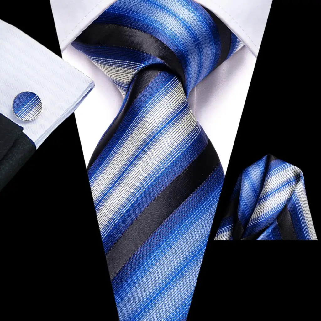 

Striped Black Blue Silk Wedding Tie For Men Gift Mens Necktie Handky Cufflink Set Fashion Business Party Dropship Hi-Tie Design