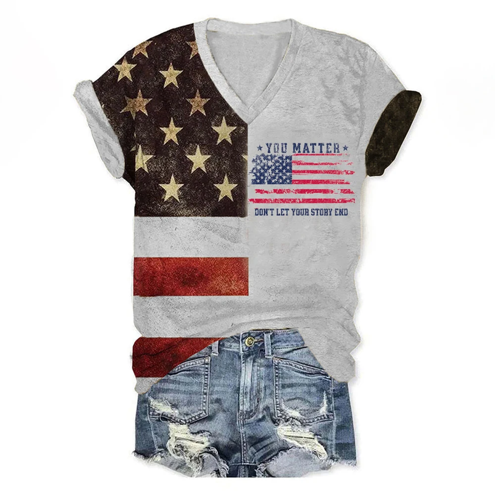 

United States Flag Print Women's T-shirts Designer V-neck Short Sleeves T shirt Summer Fashion Women Clothing 2024 New Tops