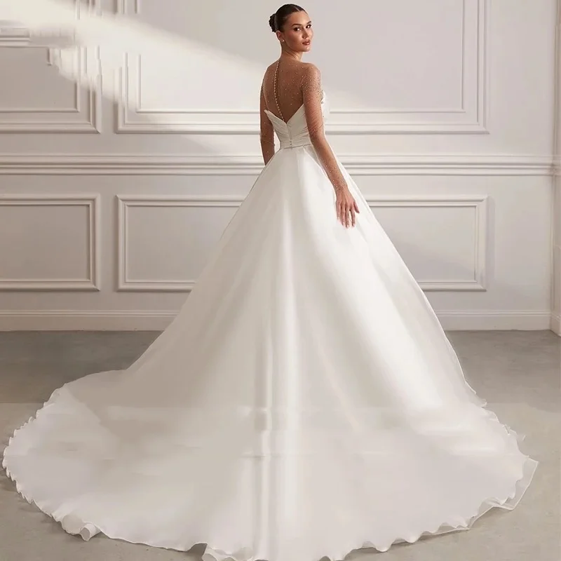 Customiz Satin Ball Gown Wedding Dress Sheer Long Sleeve Beaded Sweetheart BacklessBridal Gown Chapel Train Vestidos De Novia