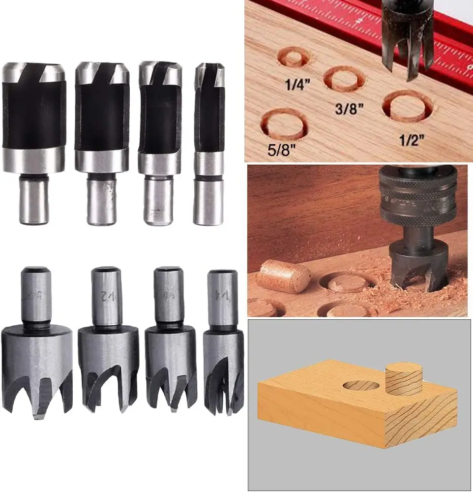 8 pces 5/8 "1/2" 3/8 "1/4" plugue de madeira aço carbono cortador broca conjunto 6 pces 1/4 "hex haste 5 flauta 90 graus broca do dissipador