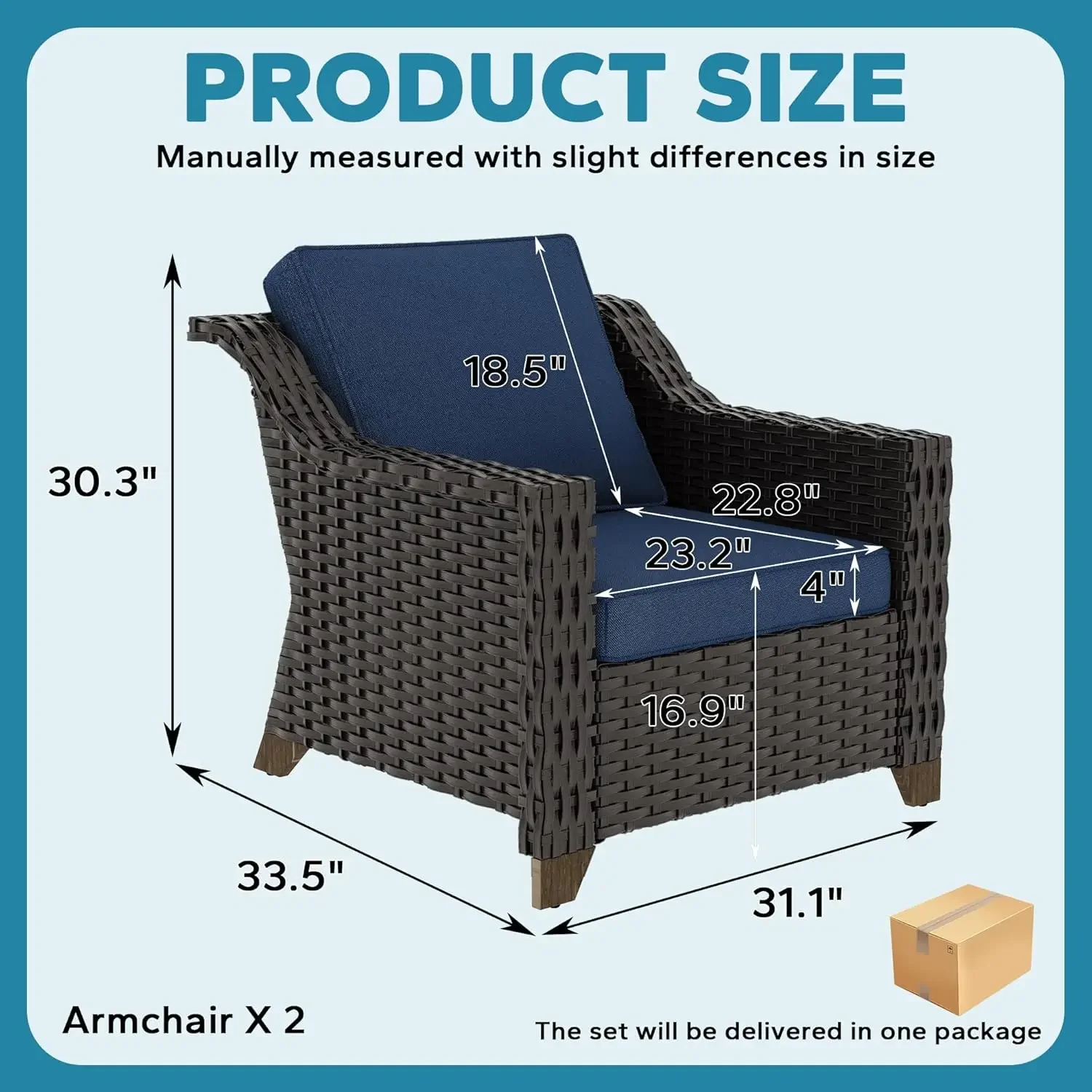 Poltrone da esterno in rattan PE da 2 pezzi con cuscini lavabili, blu navy