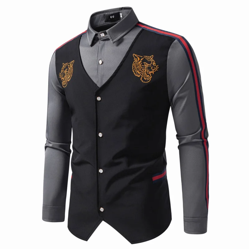 

Men's Long Sve irt Fake Two-Piece Nightclub Outfit KTV Service orm Hairst Workwear Slim Fit Embroidered Youth F...