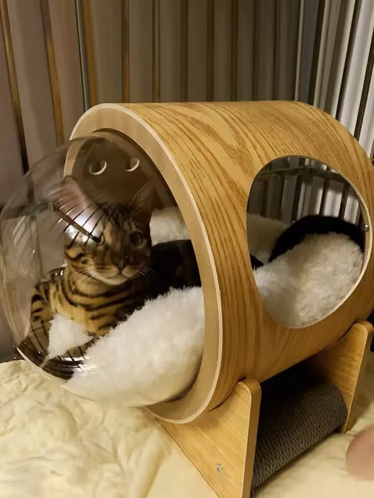 Solid wood semi-enclosed cat bed luxury space capsule cat hammock cat house indoor with cushion bag